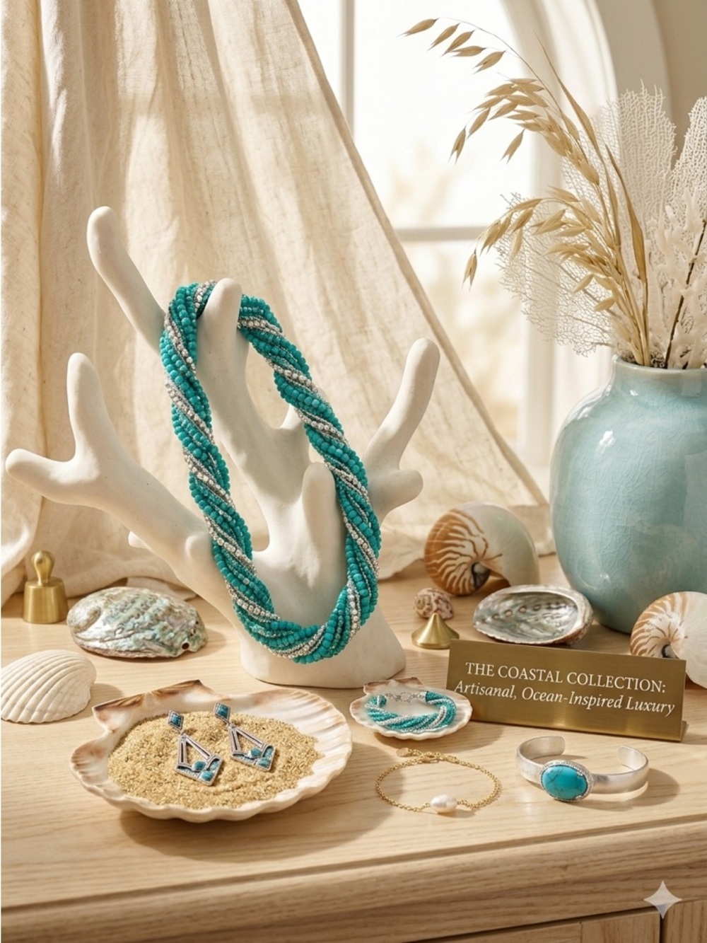 Vintage Boho Teal & Silver Twisted Seed Bead Rope Necklace